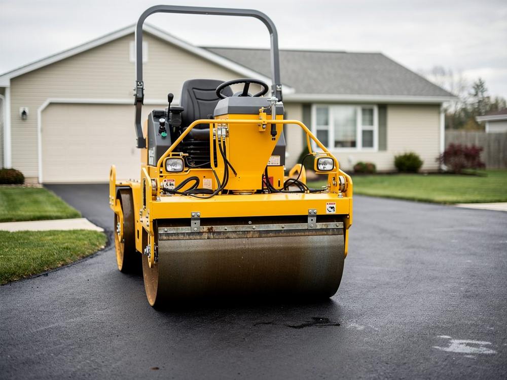 Fresh asphalt being laid and compacted with a paver and roller on a Louisville, KY driveway